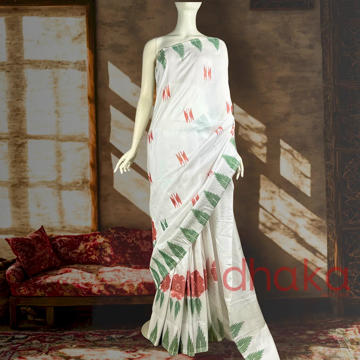 White Laliguransh Dhaka Saree